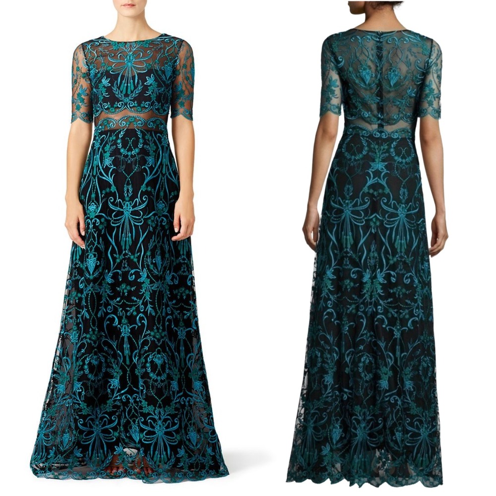 Marchesa Notte Teal Elizabeth Gown‎ Embroidered Lace A-line - Size 4